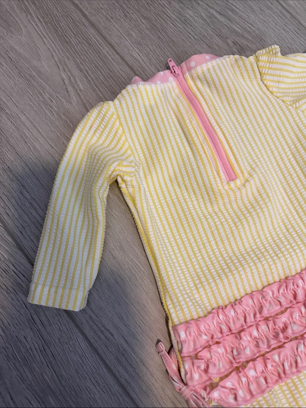 Ruffle Butts size 3-6M Baby One-Piece Swimsuit - Yellow with Pink Trim